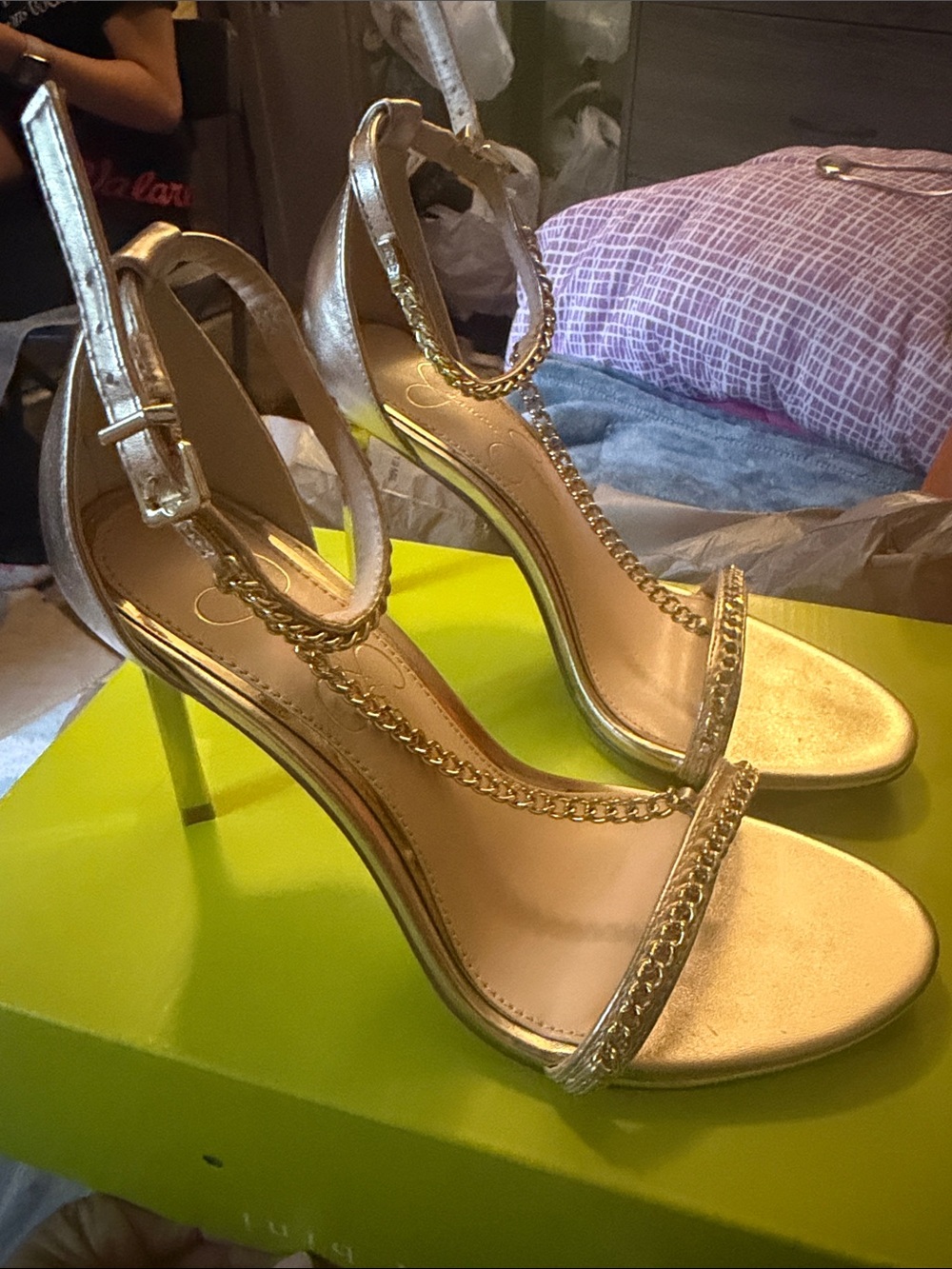 Jessica Simpson Metallic Gold Chain T-Strap Heels - Picture 2 of 4
